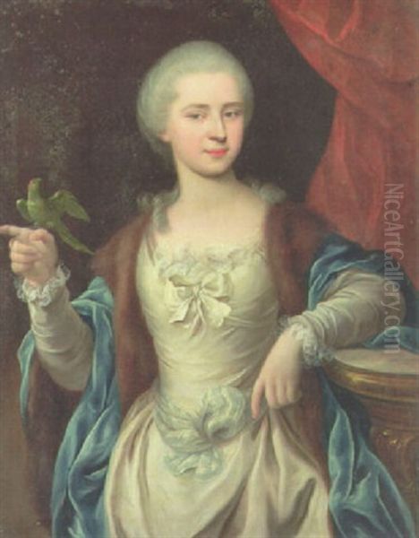 Portrait Of A Lady (marchesa Asinari De Caraglio?) In A White Dress With A Blue Mantel, A Parakeet On Her Hand - view 1