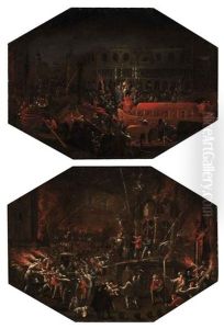 A Nocturnal View Of The Doge's Palace, Venice, With The Bucintoro Returning To The Molo On Ascension Day (+ A Carnival Scene In Venice; Pair) by Joseph The Elder Heintz