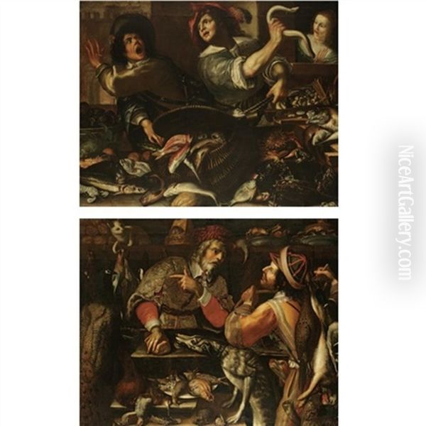 A Larder Still Life With Fish And Shellfish, Two Young Men Arguing Watched By A Girl Behind (+ Another; Pair) - view 1