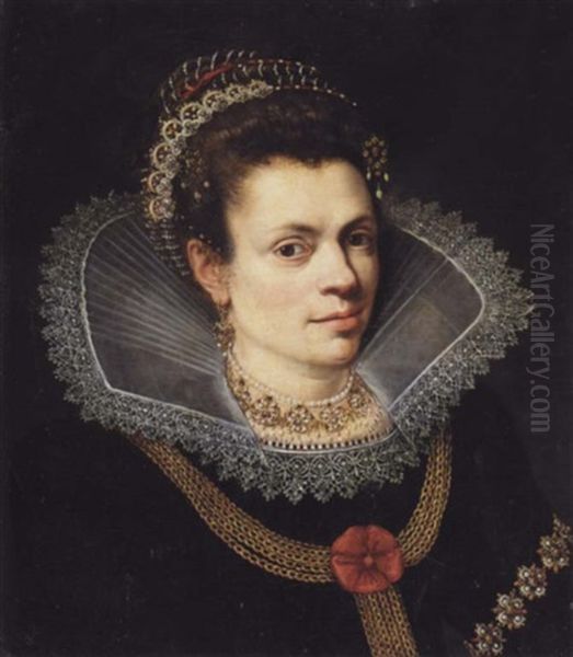 A Portrait Of A Lady Wearing A Black Dress, A White Ruff, A Pearl Necklace And A Diadem In Her Hair - view 1