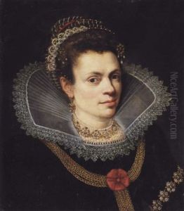 A Portrait Of A Lady Wearing A Black Dress, A White Ruff, A Pearl Necklace And A Diadem In Her Hair