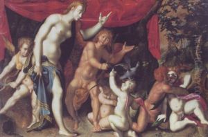 Venus, Cupido Og Sma Putti Som Sig Kysser by Joseph The Elder Heintz