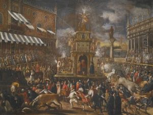 Venice, The Piazzetta At Carnival On Giovedi Grasso With A Firework Display And The Bulls Running by Joseph Heintz the Younger