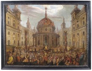 Italienische Idealvedute Mit Einer Opferszene Vor Einem Rundtempel, Der Zahlreiche Schaulustige Beiwohnen