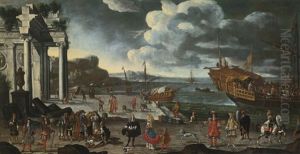 View Of An Imaginary Port With Ruins, A Galley At Anchor, Fishermen And Members Of Nobility View Of An Imaginary Port With Ruins, A Galley At Anchor, Fishermen And Members Of Nobility