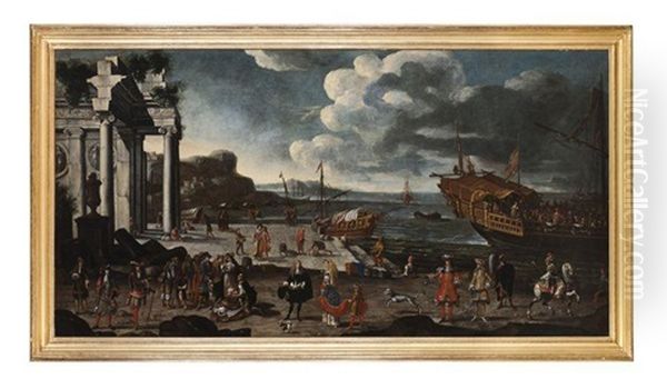 Vue D'un Port Imaginaire Avec Ruines, Galeres Au Mouillage, Marins, Pecheurs Et Membres De La Noblesse - view 1