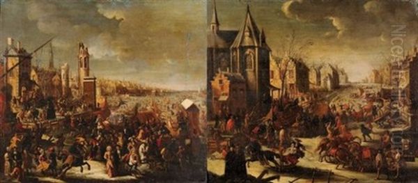 Traineaux Et Cavaliers Sur Une Riviere Gelee (pair) - view 1