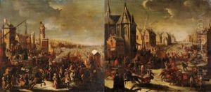 Traineaux Et Cavaliers Sur Une Riviere Gelee (pair) by Joseph Heintz the Younger