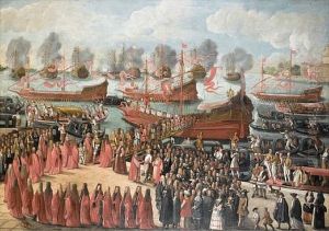 Venetian Scene With Figures On The Riva At Ascension Day by Joseph Heintz the Younger