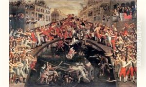 Scenes De Luttes Sur Un Pont Traversant Un Canal