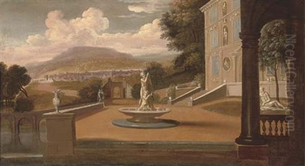 A Capriccio Of A Palace Courtyard With A Fountain, A Town Beyond - view 1