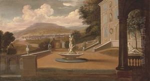 A Capriccio Of A Palace Courtyard With A Fountain, A Town Beyond by Joseph Heintz the Younger