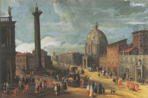 A Capriccio Of An Italianate Piazza With Trajan's Column And The Sansovino Library With Figures Celebrating Carnival by Joseph Heintz the Younger