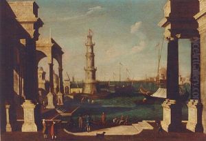 A Capriccio Of A Mediterranean Harbour With Figures On A Quayside A Capriccio Of A Mediterranean Harbour With Figures On A Quayside