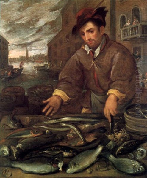 Venditore Di Pesce Nel Fondo Si Vede La Piazza San Marco Con L Palazzo Ducale E Il Campanile Di Venezia - view 1