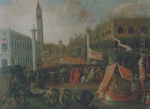 Lo Sbarco Alla Piazzetta Di San Marco Di Un Capitano Da Mar, Accolto Dal Doge Francesco Molin by Joseph Heintz the Younger