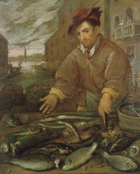 Venditore Di Pesce, Nel Fondo Si Vede La Piazza San Marco Con Il Palazzo Ducale E Il Campanile Di Venezia - view 1