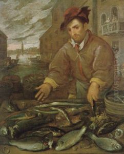 Venditore Di Pesce, Nel Fondo Si Vede La Piazza San Marco Con Il Palazzo Ducale E Il Campanile Di Venezia