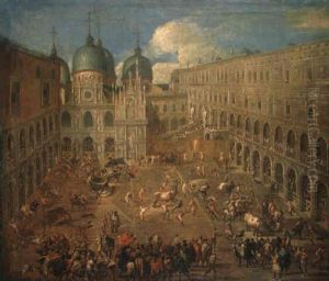 A Bullfight In The Courtyard Of The Doge's Palace, Venice by Joseph Heintz the Younger