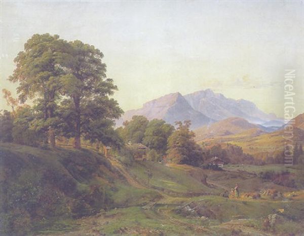Oberbayerische Gebirgslandschaft Mit Einzelnen Hofen Und Hohen Baumgruppen - view 1
