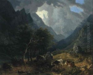 Gebirgslandschaft Mit Wanderer Und Kuhen