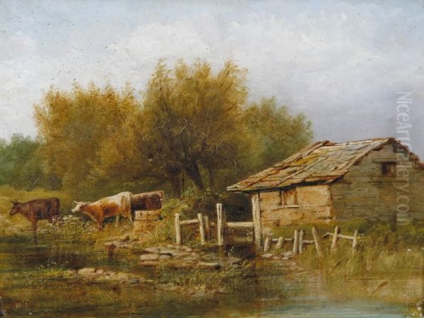 Cattle Watering Beside A Building In A Landscape - view 1