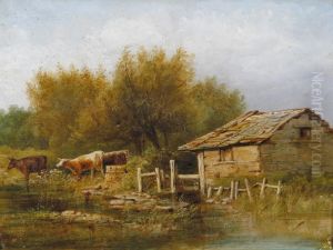 Cattle Watering Beside A Building In A Landscape by W. Banks