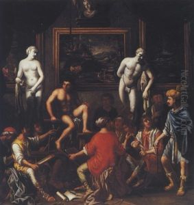 Students Drawing A Nude Male Model Observed By An Oriental, With Casts And Paintings Beyond by Johann Heiss