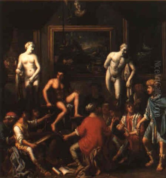 Students Drawing A Nude Male Model With Casts And Paintings Beyond - view 1