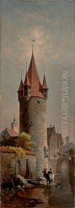 Blick Auf Den Diebsturm Zu Lindau, Mit Wascherinnen Am Inselgraben
