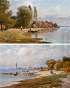 Bodenseeufer Mit Blick Auf Eine Stadt (+ Bodenseeufer Mit Fischerboot Im Vordergrund; 2 Works)