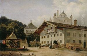 Blick Auf Ausladendes Gehoft Mit Reicher Figurenstaffage Und Huhnern by Paul Heitinger