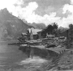 Gebirgslandschaft Mit Hausern Am See