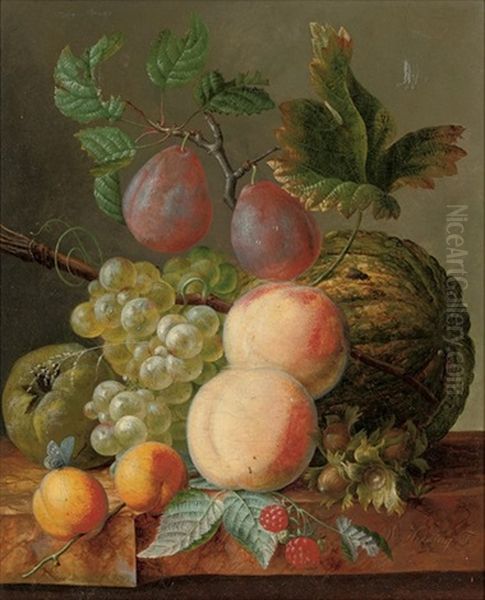 Peaches, Grapes, Plums, Raspberries And A Gourd On A Marble Ledge - view 1