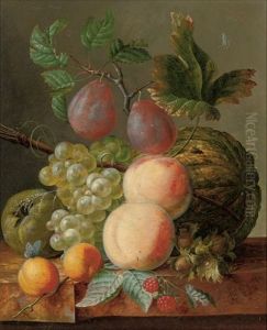 Peaches, Grapes, Plums, Raspberries And A Gourd On A Marble Ledge