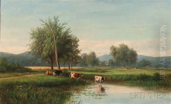 Verdant Landscape With Cows At A Watering Hole - view 1