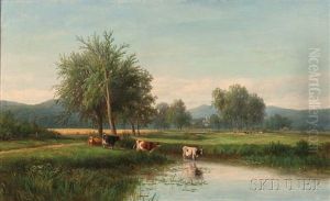 Verdant Landscape With Cows At A Watering Hole by Joseph Antonio Hekking