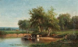 Cows At A Watering Hole by Joseph Antonio Hekking