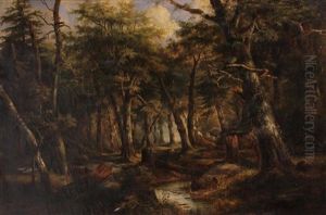 A Wooded Landscape With A Stream by Joseph Antonio Hekking