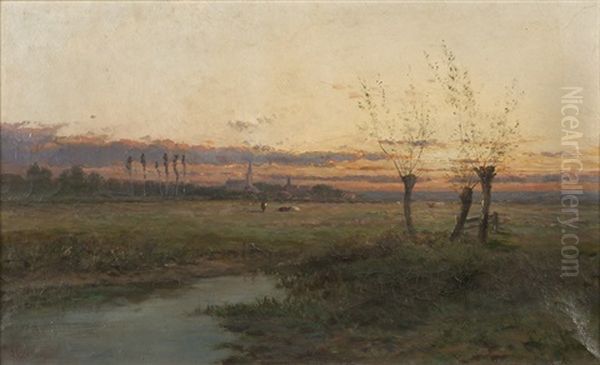 Dutch Landscape With Distant Village At Sunset - view 1