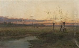 Dutch Landscape With Distant Village At Sunset by Joseph Antonio Hekking