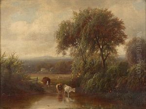 Cows Watering In A Landscape by Joseph Antonio Hekking