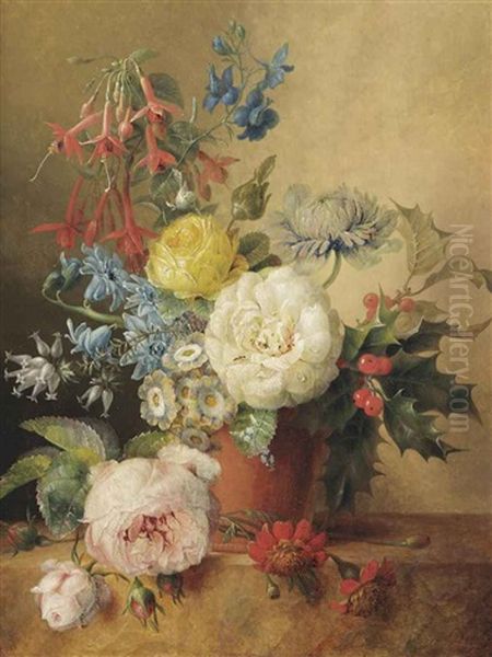 A Fuchsia, Roses, Chrysantheum, Holly And Other Flowers In A Terra Cotta Vase, On A Marble Ledge - view 1