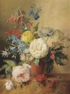 A Fuchsia, Roses, Chrysantheum, Holly And Other Flowers In A Terra Cotta Vase, On A Marble Ledge by Willem Hekking