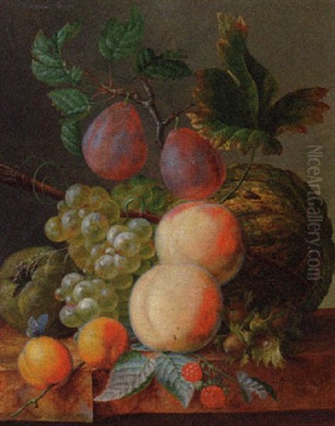 Peaches, Plums, Grapes, Apricots, Raspberries, An Apple And A Melon On A Ledge - view 1