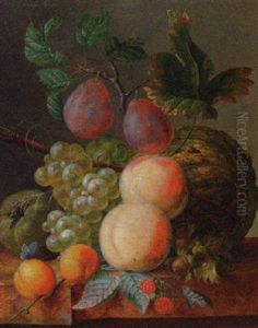 Peaches, Plums, Grapes, Apricots, Raspberries, An Apple And A Melon On A Ledge by Willem Hekking