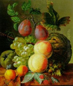 Peaches, Grapes, Apricots, Plums And Melon On A Marble Ledge by Willem Hekking
