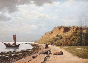 Weite Ostseekuste Mit Fischerboot Und Einer Frau Am Strand Weite Ostseekuste Mit Fischerboot Und Einer Frau Am Strand