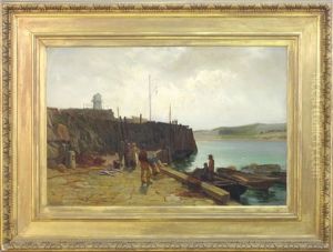 Bringing In The Catch (harbor Scene With Eels Laying On The Ground And A Group Of Men And Women Conversing Near The Water (along The Coast Of Guernsey?) by Arnold Helcke