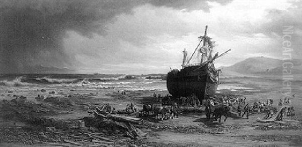 Figures Near A Shipwreck On The Beach At Low Tide - view 1